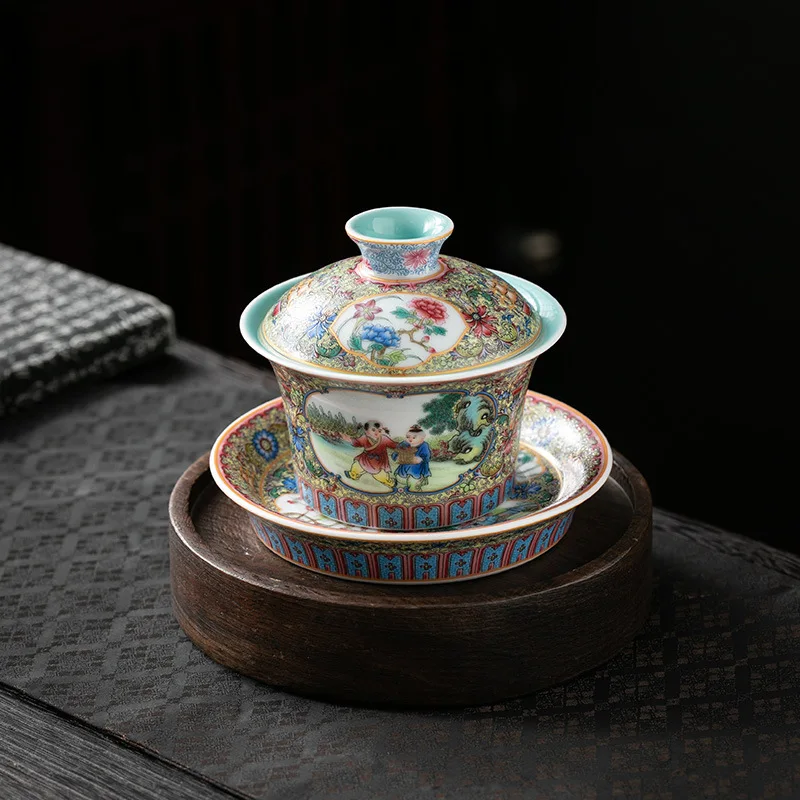 

Enamel Color Children's Funny Horseshoe Tureen Single High-End Handmade Ceramic Kung Fu Gaiwan Tea Cup Set Brewing Bowl