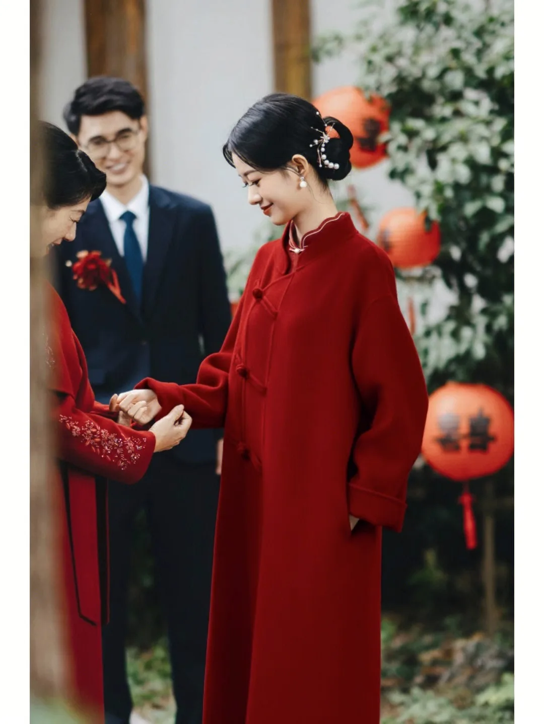 Red national style double-sided cashmere coat for women's 2023 autumn and winter new wedding festive medium and long woolen