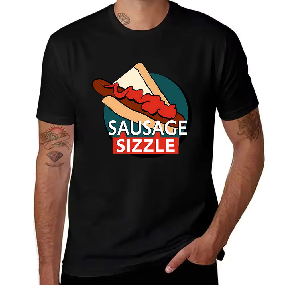 Men's Cotton Short Sleeve T-Shirt with Fun Sausage Sizzle Hot Dog Graphic, Casual Summer Tee for Food Lovers