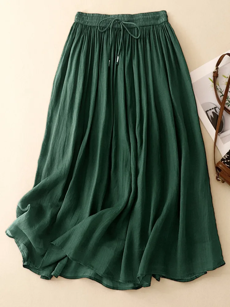 Retro Single Color Double Layered Flax Maxi Skirt Women's Summer Hanfu Style A-Line Midi Skirt High Waist Gently Flared