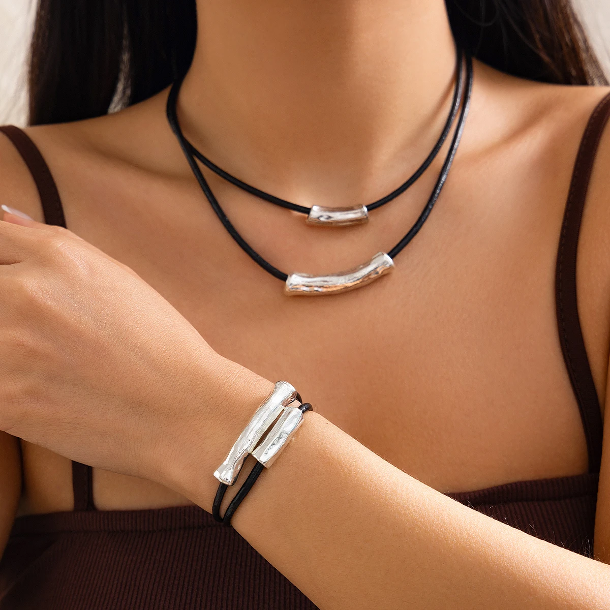 SHIXIN Vintage Multi Layer Leather Wax Thread Rope Chain Necklace Bracelet Jewelry Set Women Simple Geometric Round Tube Choker