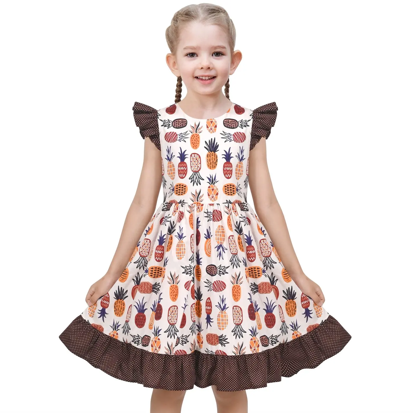 Girls Dress Brown Polka Dot Pineapple Print Tropical Ruffle Sleeve Summer