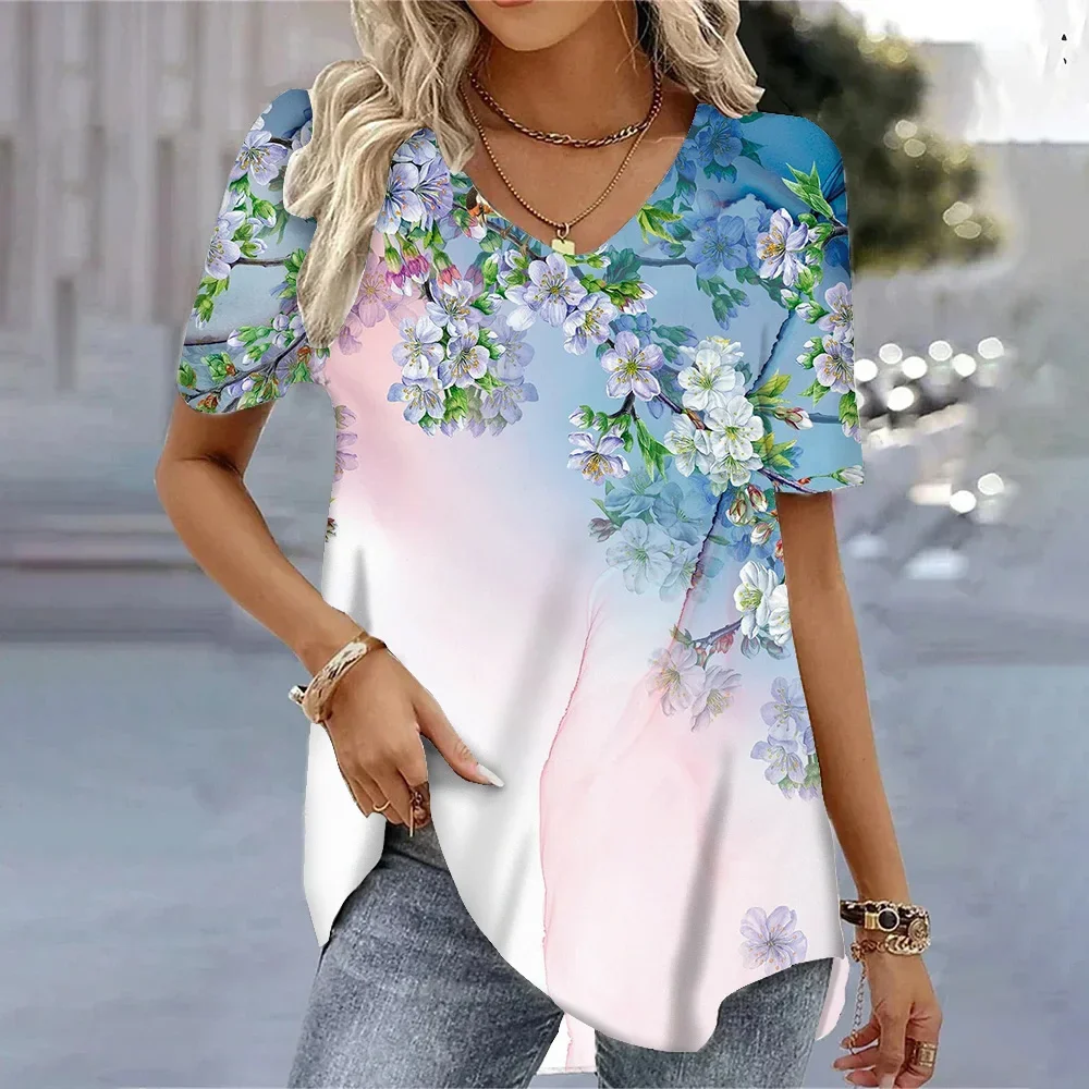 2024 Korean women\'s 3D painted butterfly print short-sleeved T-shirt V-neck short-sleeved top loose daily casual top comfortable