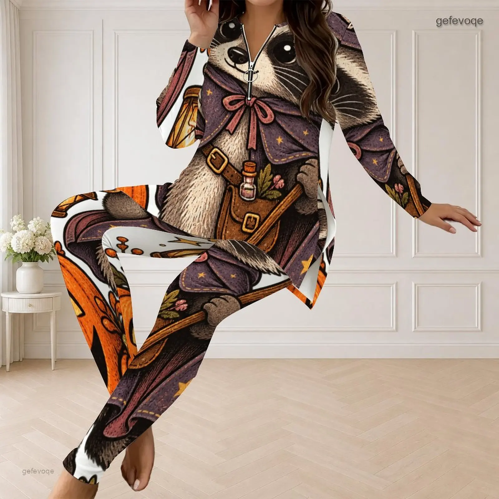 Fall Graphic Print Plus Size Sets Women V Neck Whimsical Wizard Raccoon Halloween Plus Size Clothes For Loungewear Casual Wear