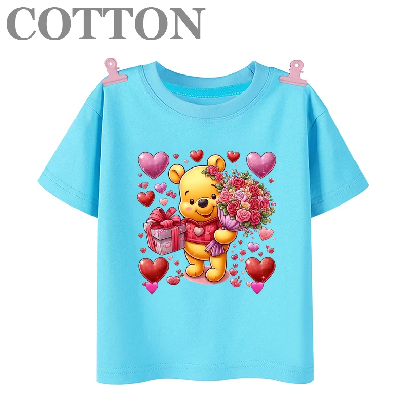 Disney Anime Winnie the Pooh Summer Fashion All Cotton Anime Children's T-shirt Round Neck Casual Short Sleeve Printed Pattern