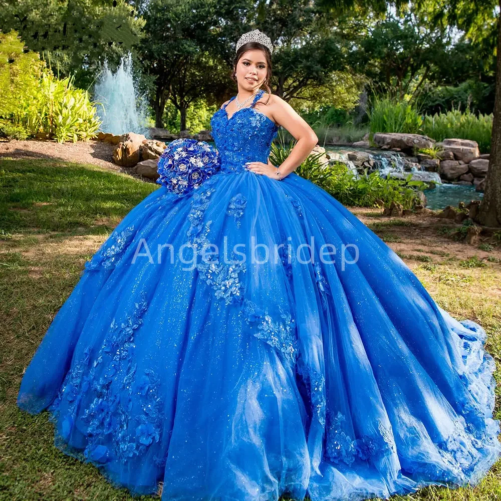 Angelsbride Koninklijke Blauwe Gelaagde Baljurk Quinceanera Jurken Spaghettibandjes Appliques Corset Charmante Vestidos De 15 Años