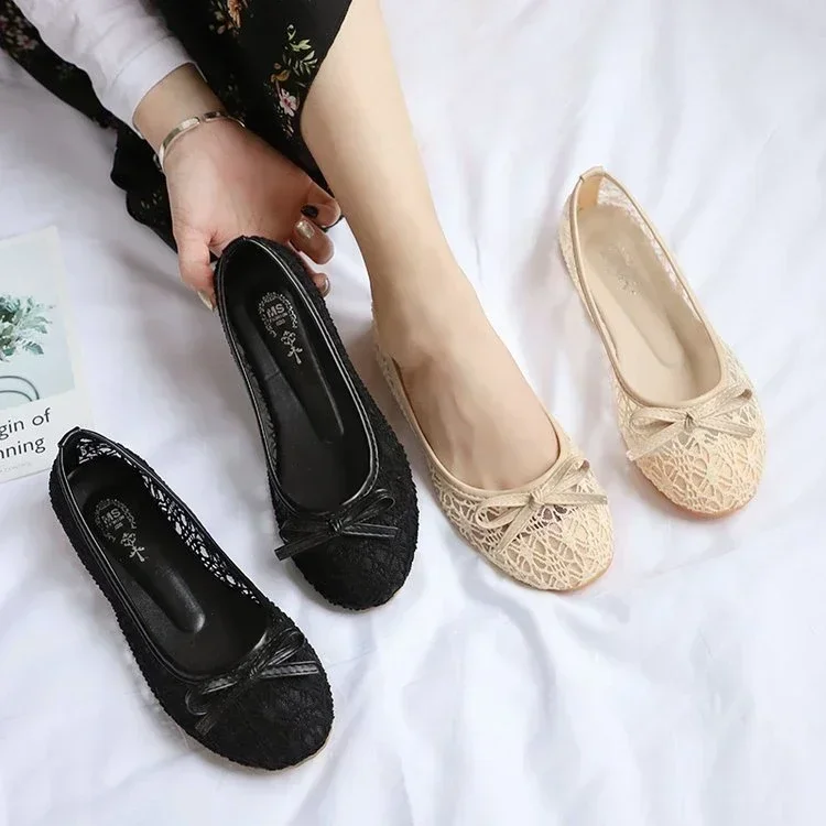 

2024 New Women Flats Shoes Ballet Flats Fashion Bow-Knot Women Shoes Slip On Cut Outs Flat Sweet Hollow Summer Female Shoes