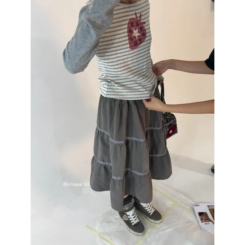 Streetwear Contrast Color Patchwork Loose A-line Skirt Women 2025 Autumn High Waist All-match Pleated Casual Mid-length Skirt