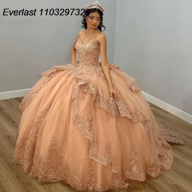 

EVLAST Mexico Champagne Quinceanera Dress Ball Gown Lace Applique Bead Tiered Ruffles Bow Sweet 16 Vestidos De XV 15 Anos TQD698