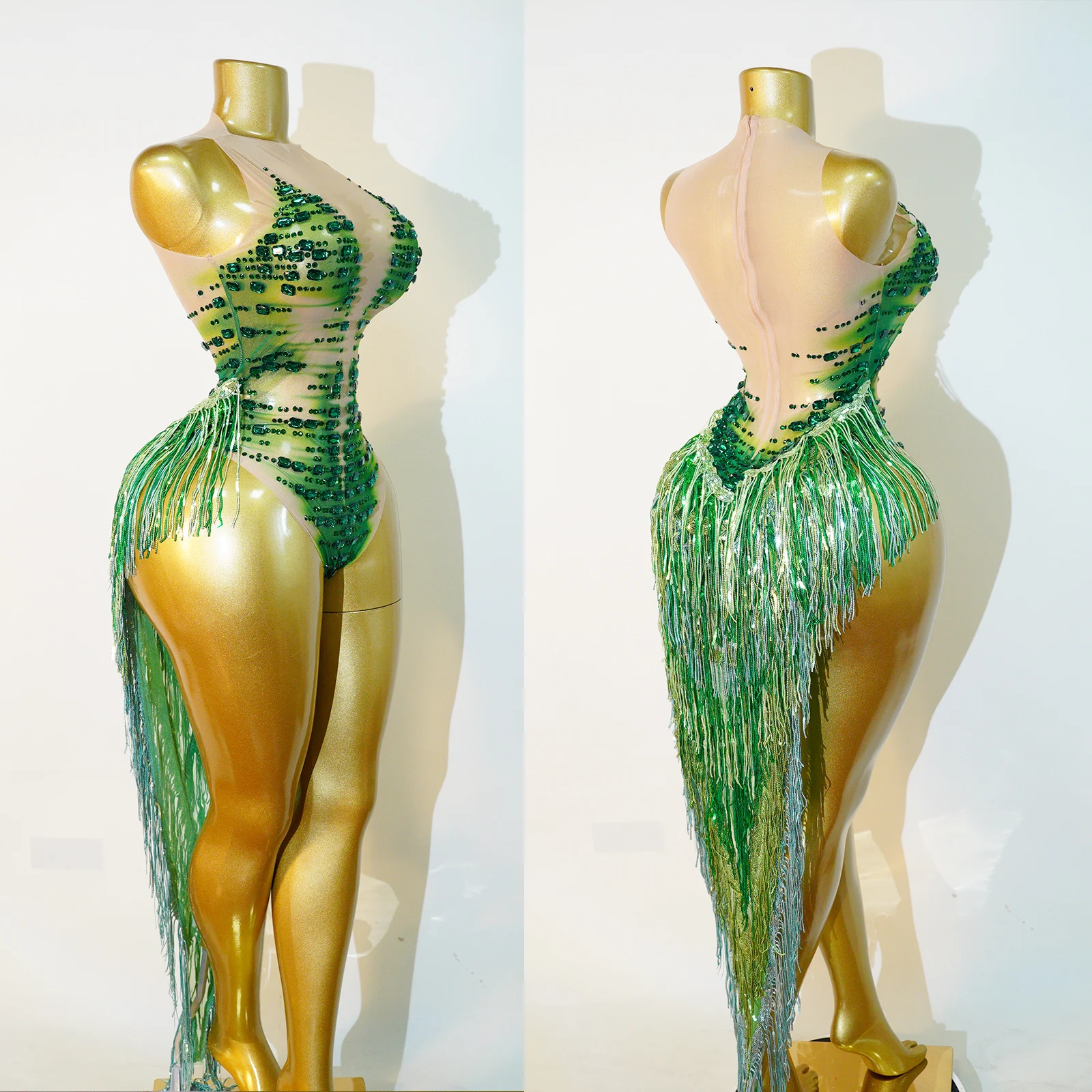 Sparkly Green Rhinestones Tassels Bodysuit Women Sexy Transparent Celebrate Birthday Outfit Performance Dance Costume Stage Wear view 3