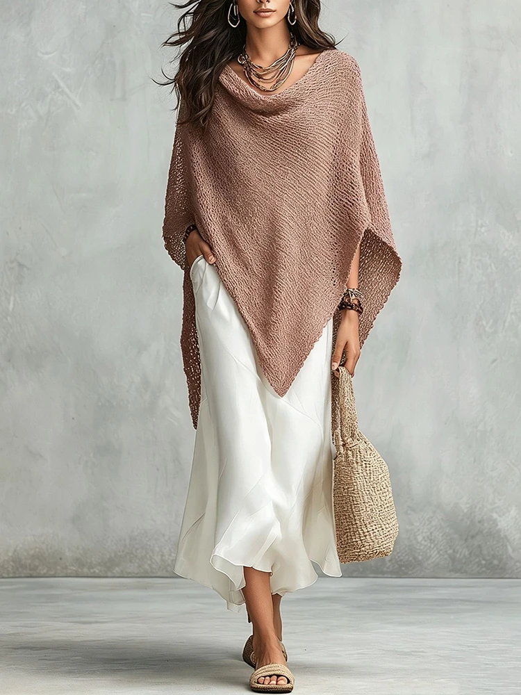 Women's Casual Batwing Sleeve Solid Outfits Elegant Personality Loose 2Pc Suit Sexy Swing Collar Irregular Knit Top & Skirt Set