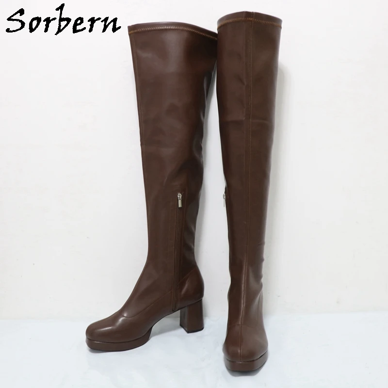 Sorbern Coffee Mid Thigh High Boots For Women Plus Size Eu48 Eu47 Square Heels Round Toe Shoes Custom Leg Size Fetish Boots