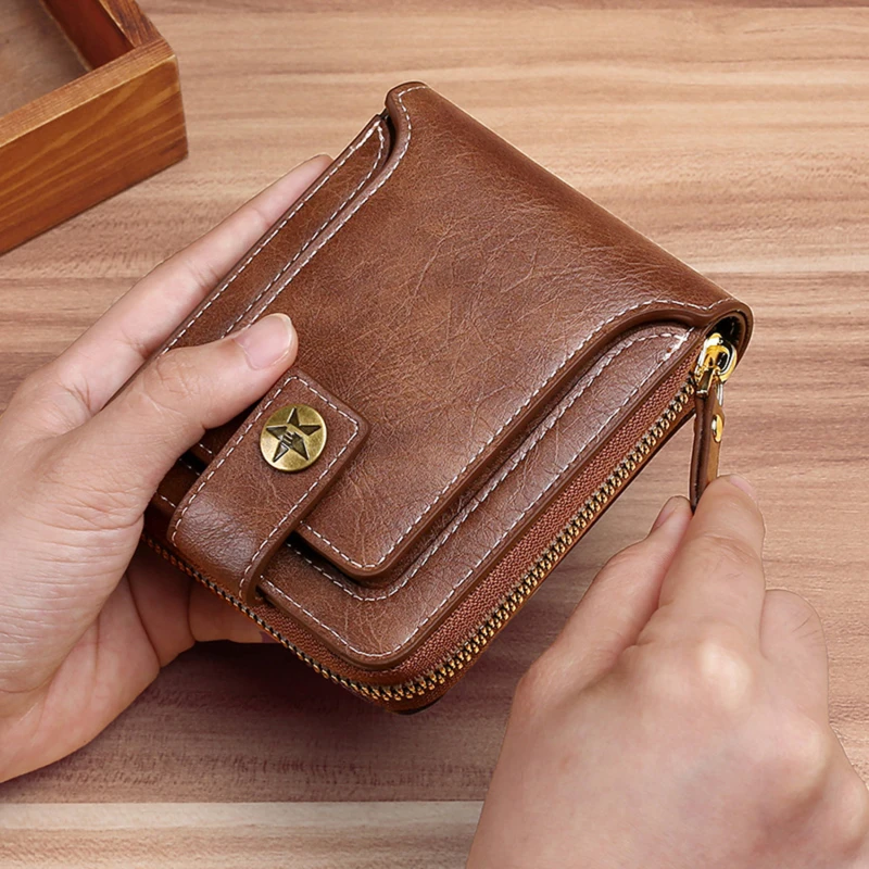 Vintage Men's Wallet PU Leather Short Purse Hasp Zipper Clutch Solid Color Wallets High Quality Durable Convenient Wallets New