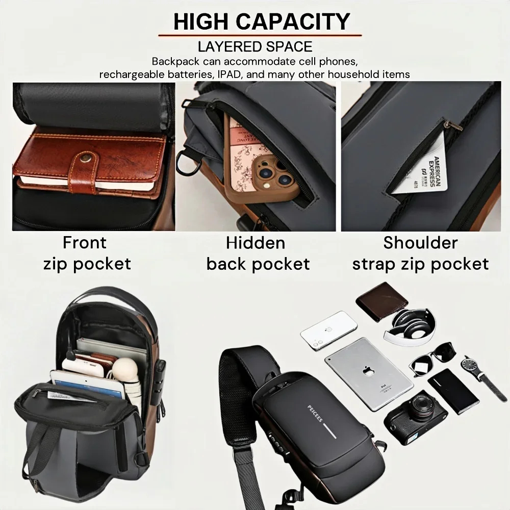 حقيبة صدر للرجال، حقيبة للرجال حقائب ظهر متقاطعة، حقيبة كتف للرجال، قفل بكلمة مرور، حقيبة ساعي مضادة للسرقة، حقيبة هاتف محمول