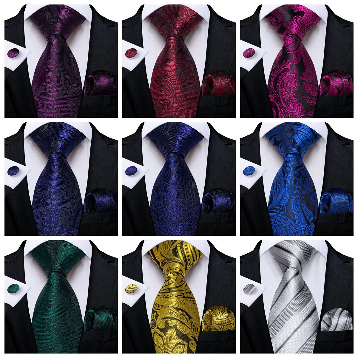 Men's Colorful Silk Ties Pocket Square Cufflinks with Brooch Pin Wedding Party Accessories Gift for Husband 8cm Business Necktie
