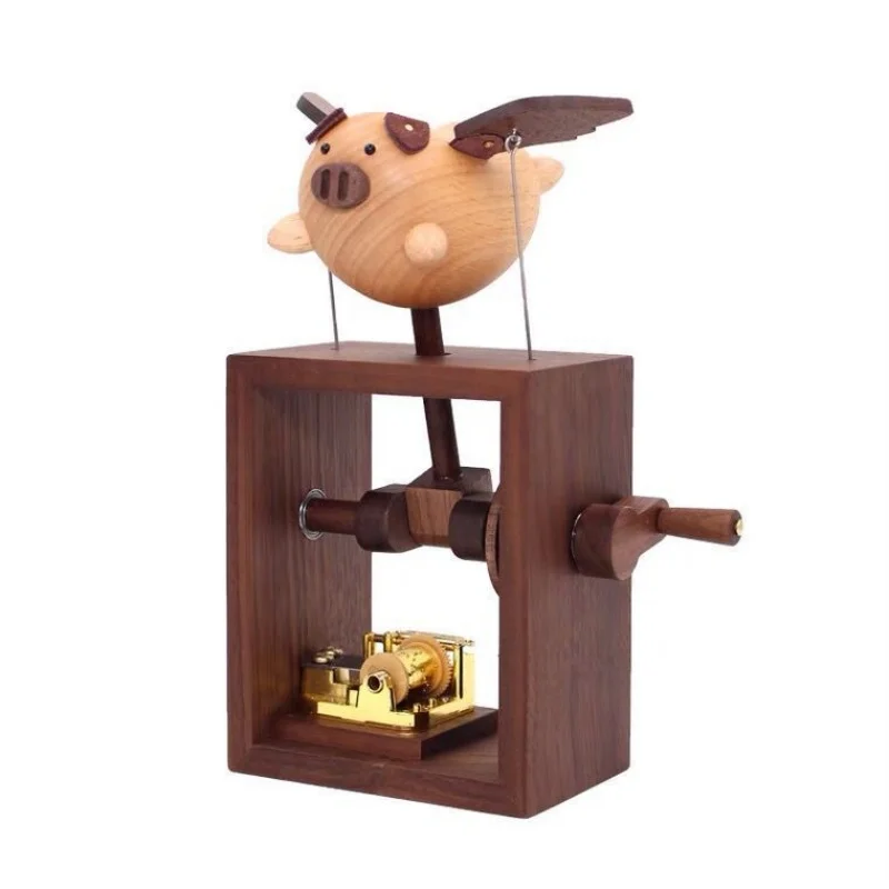 Hand-Cranked Mechanical Small Flying Pig Music Box Birthday Wedding Girlfrend Gift Home Decor Solidwood Ornament Handicrafts