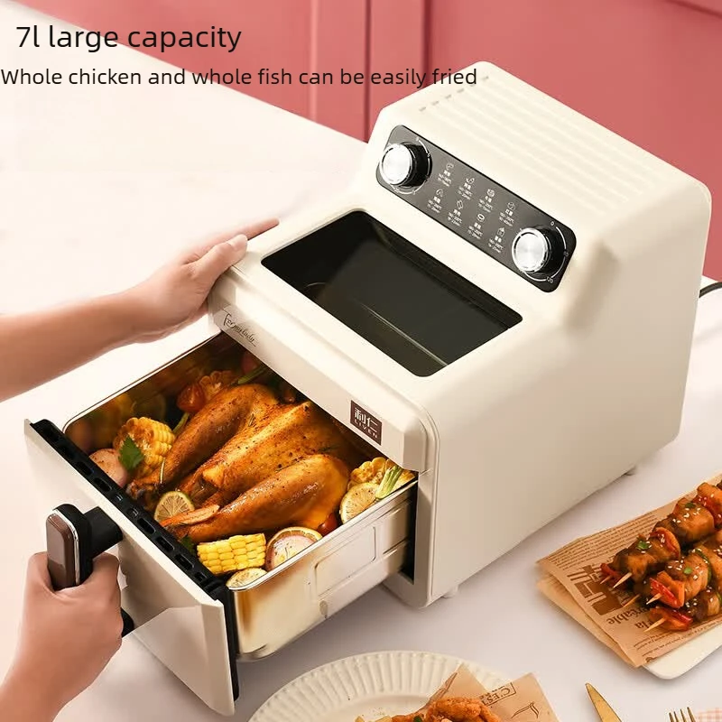 7L Visual Air Fryer 304 Stainless Steel Basket, Non-Coated Metal Inner Cavity No-Shake Oven Easy Clean Odor-Free Home Use