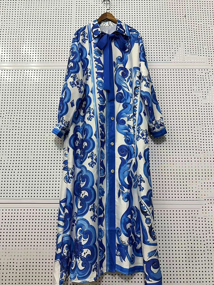 Retro-geometrischer Druck, Bindeband-Design, Kleid, modisch, locker, Damenbekleidung in Übergröße, langer Stil, Hemdkleid