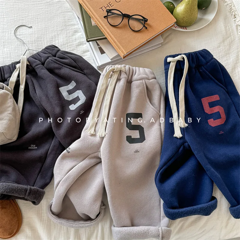 

Winter New Children Fleece Sweatpants Letter Print Baby Girls Warm Trousers Plus Velvet Thick Boys Casual Pants Kids Clothes