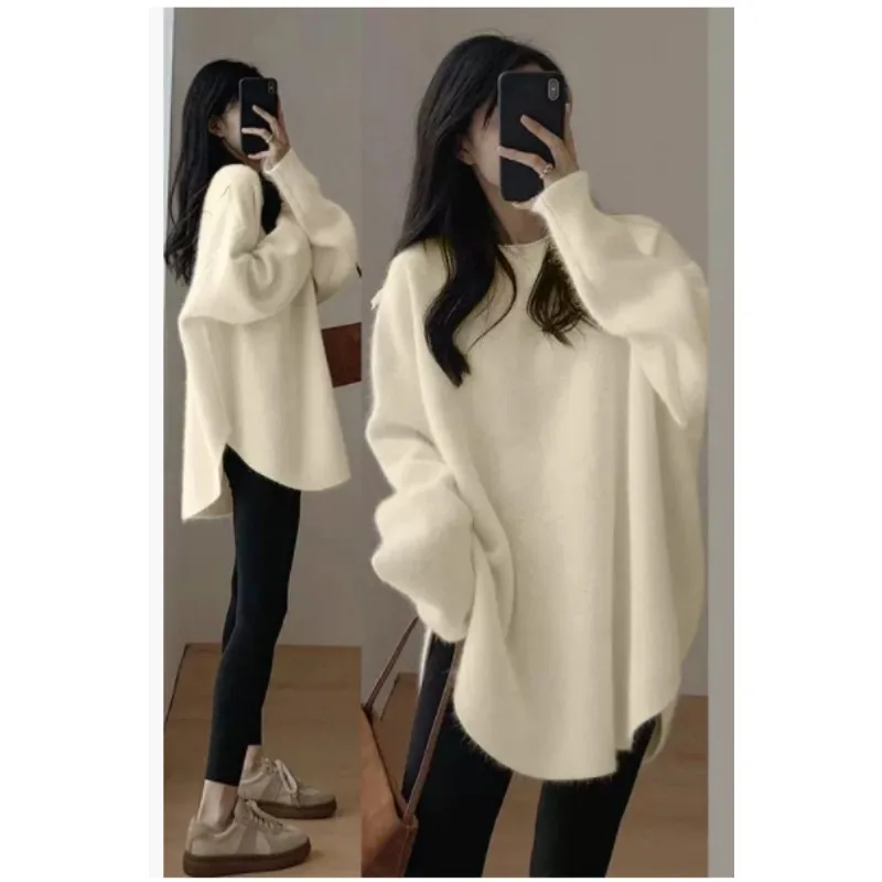 سترة نسائية موضة خريف 2025 فضفاضة برقبة دائرية سترة كورية محبوكة متوسطة الطول ملابس نسائية أنيقة بلون سادة