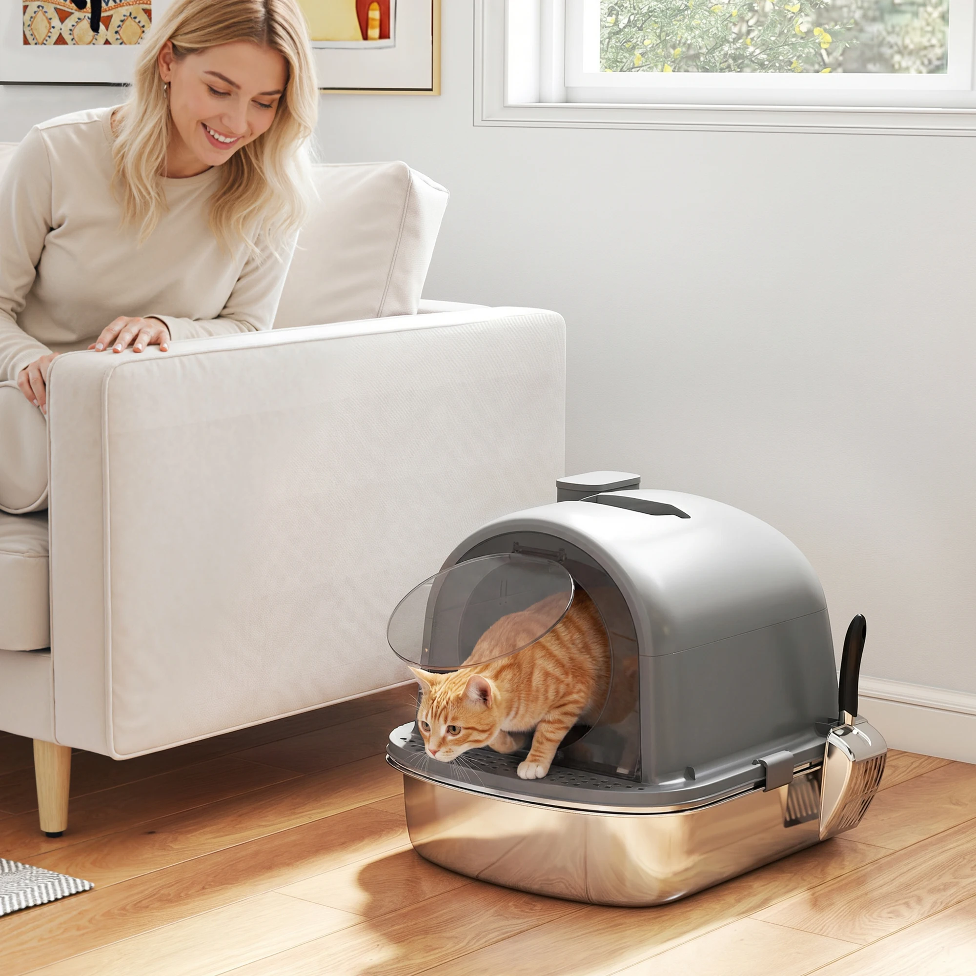 Pawhut Kattenbak van RVS met Afdekking, Kattenbak, Kattenbak met Geurverwijderende Zak, Schepje, Geurcontrole, Anti-aanbaklaag en Gemakkelijk te Reinigen, Donkergrijs