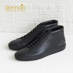 DONNAIN Minimalist Black Sneakers High Top Women and Men Luxury Genuine Leather Handmade Unisex Flat Shoes Customized Plus Size