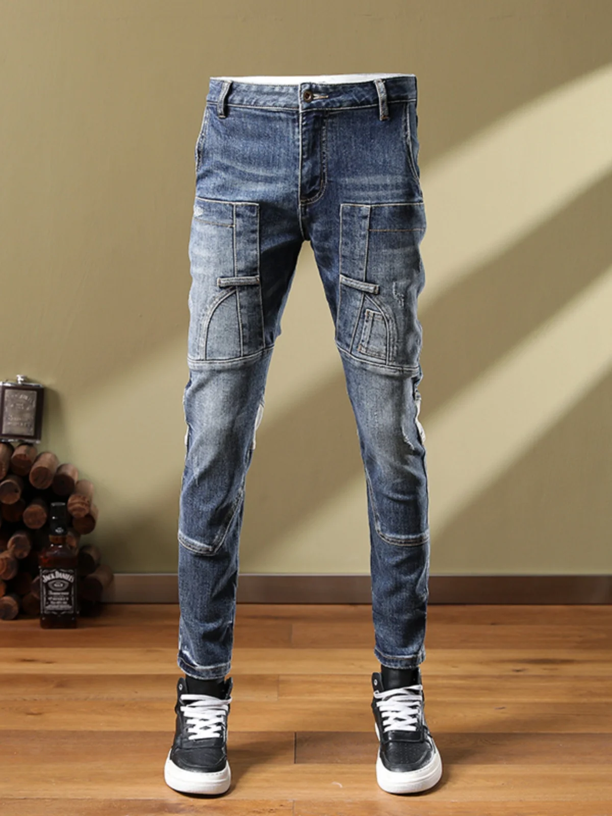 

Faionable Versatile Men's Slim Fit Stretch Denim Jeans Color Blo Contrast Motorcycle Sle Casual Long Trousers