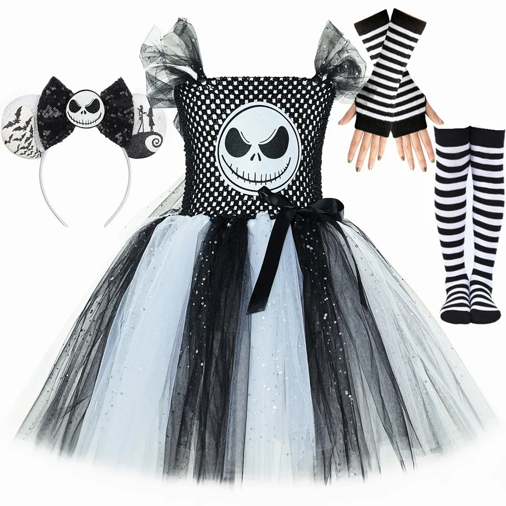 

Nightmare Halloween Christmas Jack Costumes for Girls Skeleton Fancy Tutu Dress for Kids Black White Ghost Scary Party Outfits