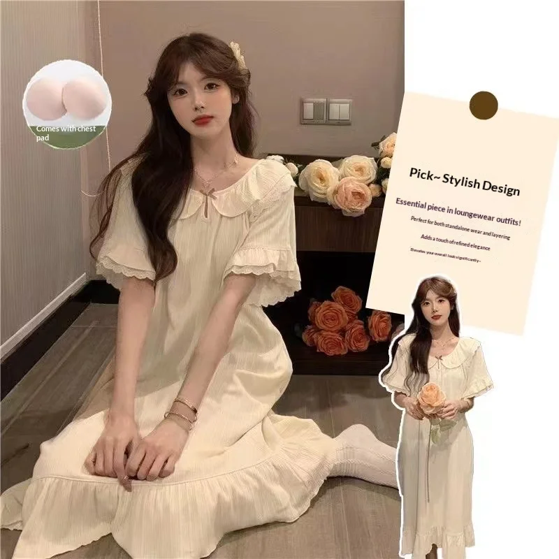 Summer Hot Selling Women's Short Sleeved Nightgown with Chest Cushion Solid Color Lace Ruffle Loose Short Sleeved Home Wear