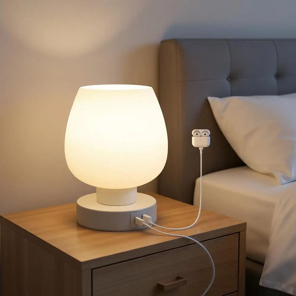 

Table Lamp - Small Lamp or Bedroom with USB C+A Charging Ports 3 Way Dimmable, Nightstand Desk lamp with White Opal Glass Lamp S