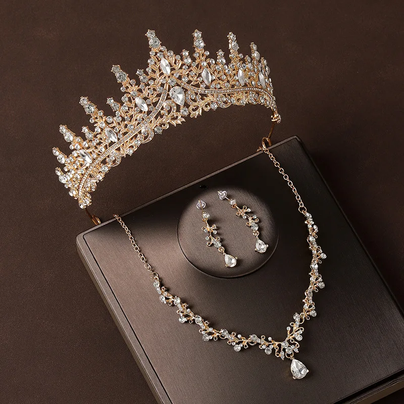 Bridal Wedding Jewelry 4-piece Set, Alloy Crystal Crown&Crystal Necklace&Earrings Women's Classic Wedding Tiaras
