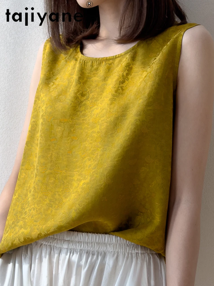 TAJIYANE 100% 멀 베리 실크 탱크 탑 여성 2025 빈티지 자카드 민소매 여름 탑 가역 조끼 여성 의류 кроп топ