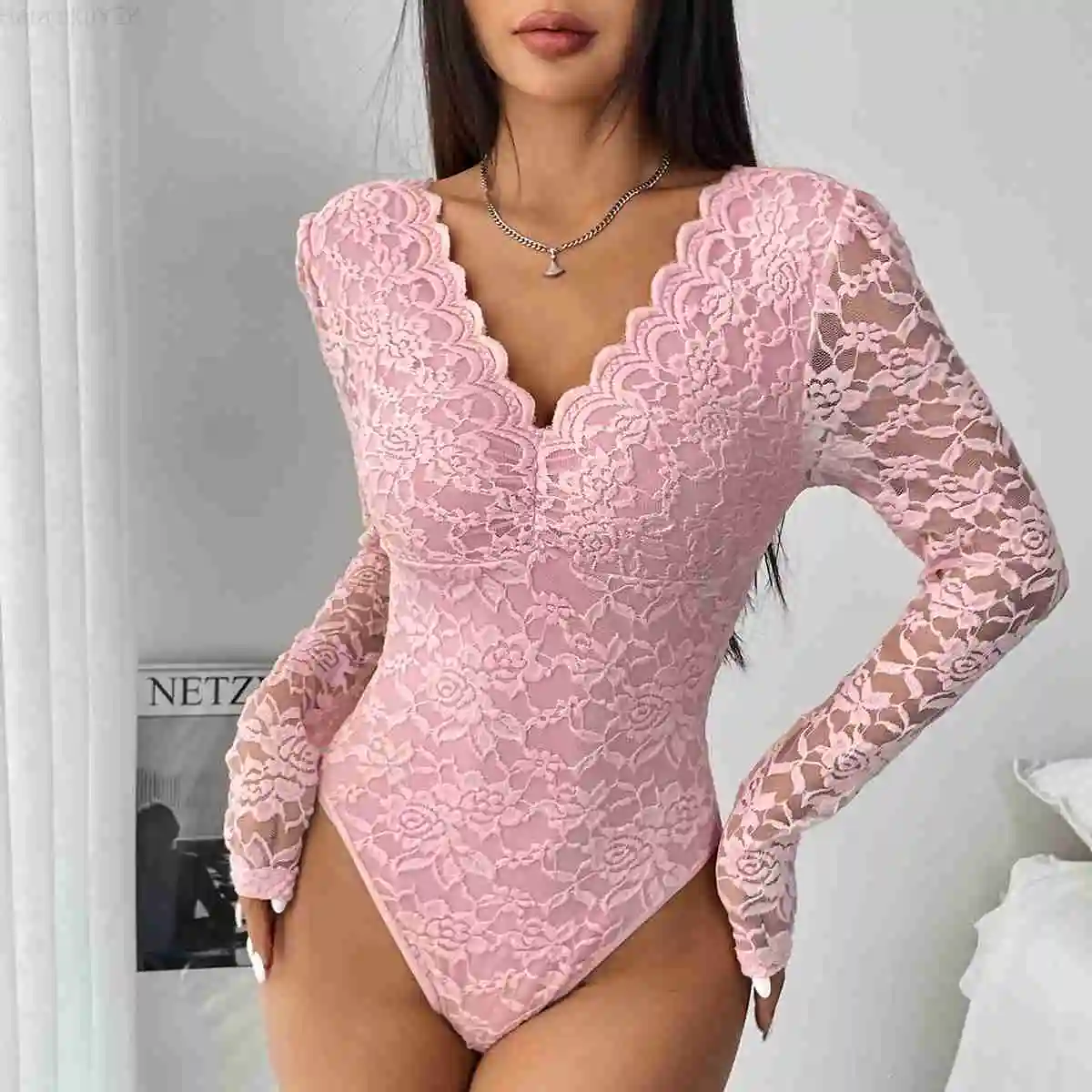 Womens Floral Lace Shaping Bodysuit Sexy Scallop Trim V Neck Slimming Bodysuits Elegant Slim Night Club Party Leotards Tops