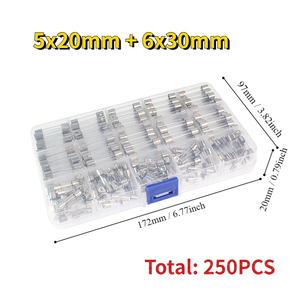 250PCS 250V Fast-Blow Glass Fuses Kit 5x20mm 6x30mm Car Glass Tube Fuses 1A 2A 3A 5A 6A 7A 8A 10A 15A 20A for Household Fuses