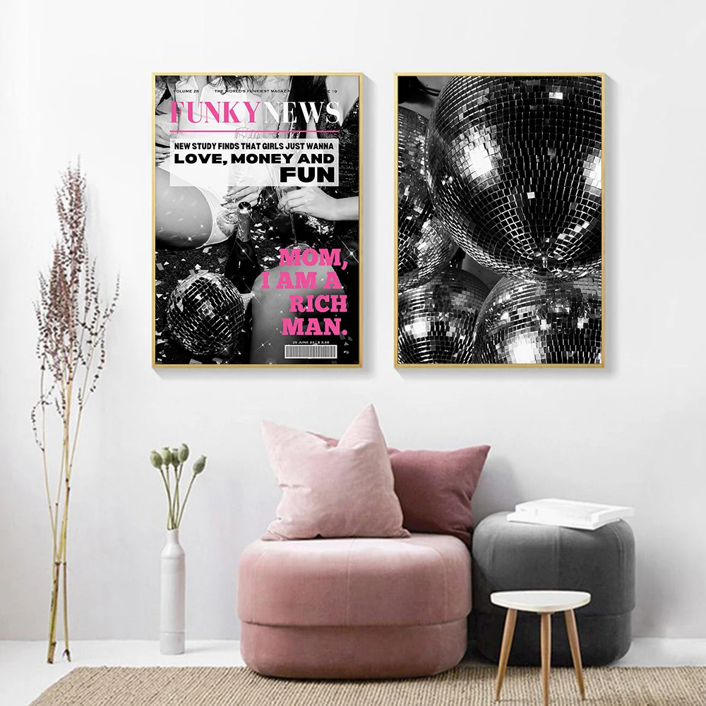 Wall Art Gallery Canvas Painting Trendy Newpaper Prints 70s Disco Ball Poster Black White Fashion Pictures Living Room Decor