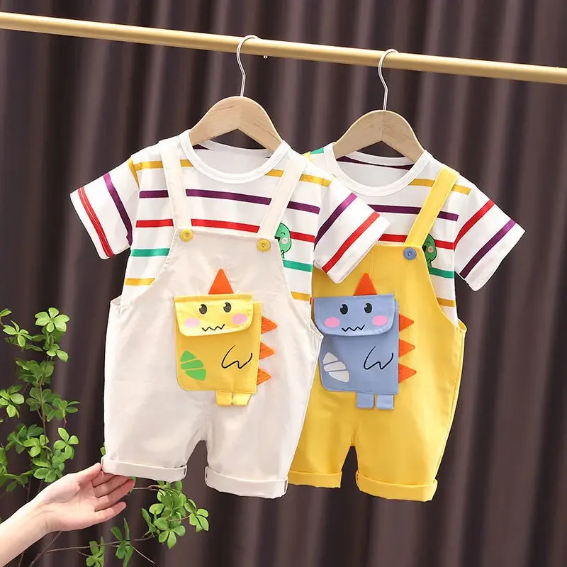 

Summer Clothing Baby 2 Pieces Set Clothing Khaki Suspenders + Rainbow Stripes Short Sleeves Outfits Set Baby Clothes Suit