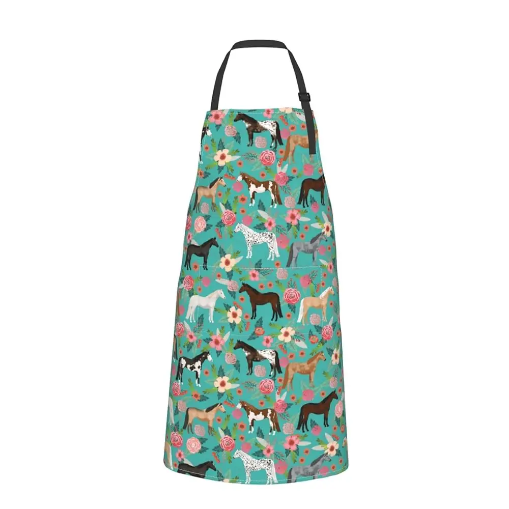 

Floral Horse Print Waterproof Apron Women Men Cooking Kitchen Gift Aprons Bib With 2 Pockets And Adjustable Neck