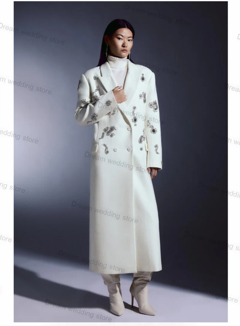 White Cashmere Wool Women Suit 1 Piece Blazer Crystals Overcoat Formal Office Lady Jacket Wedding Tuxedos Customized Prom Coat