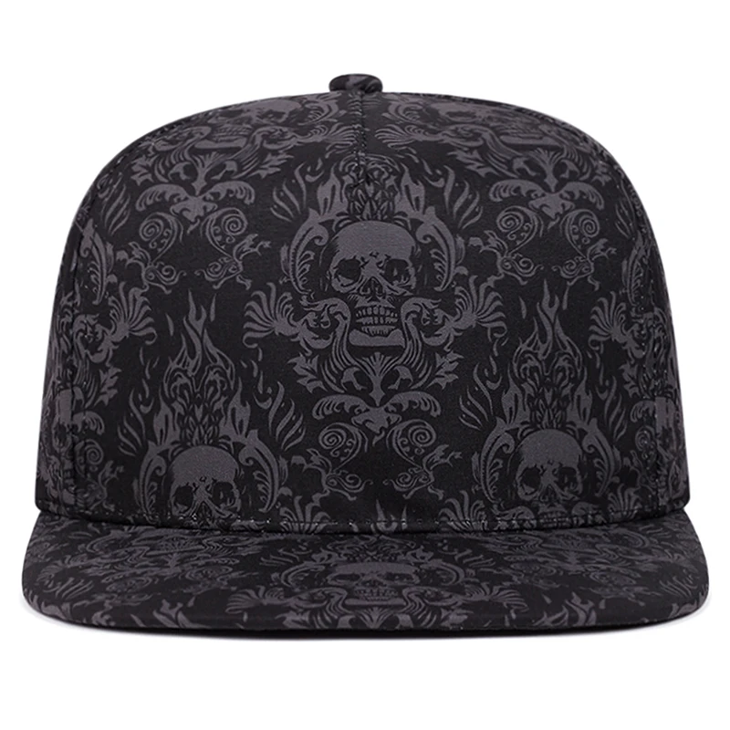 2025 nueva moda gorra de béisbol con estampado de calavera completa calle gorra de Hip Hop personalizada decoración diaria al aire libre sombrero Unisex de borde plano