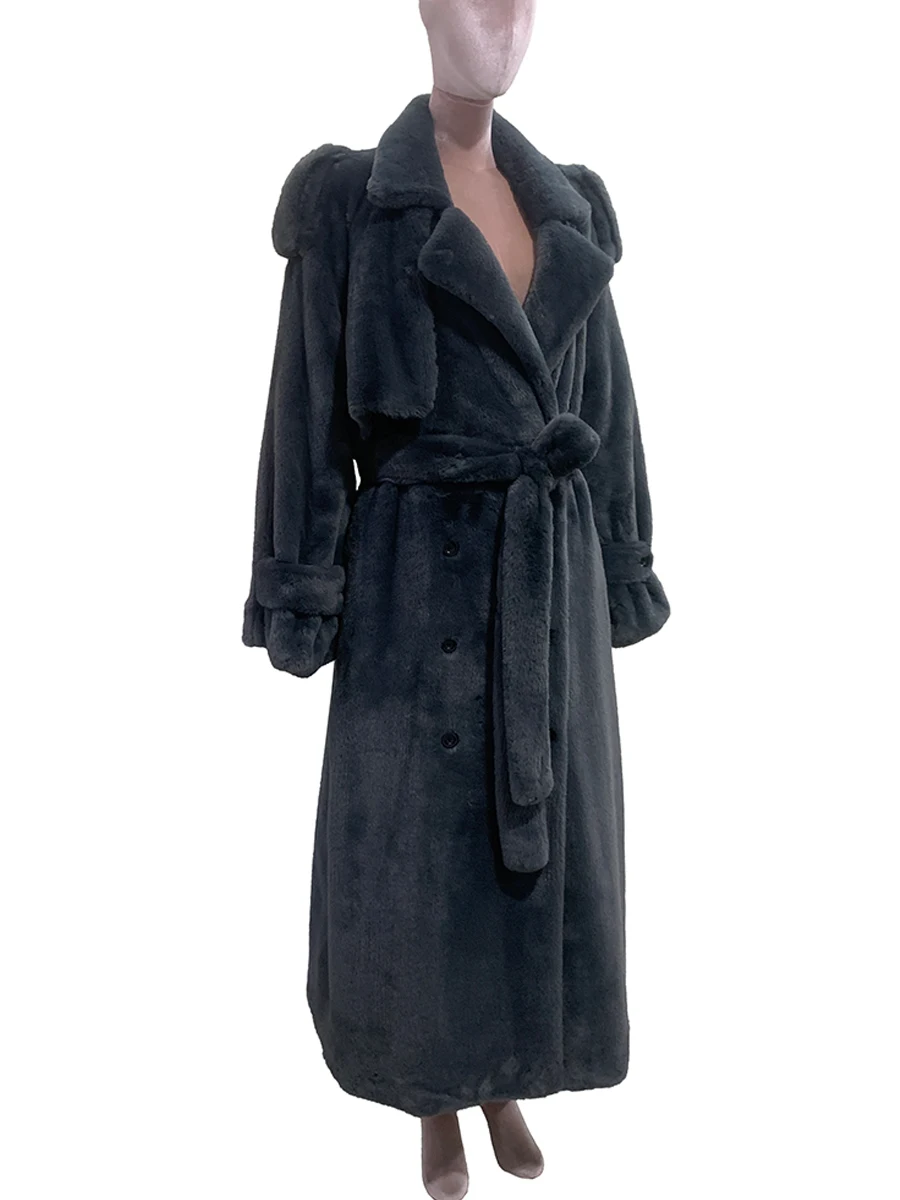 Nerazzurri Winter Extra Long Oversized Dark Grey Thick Warm Faux Fur Coat Women Double Breasted Loose Casual Fluffy Overcoat