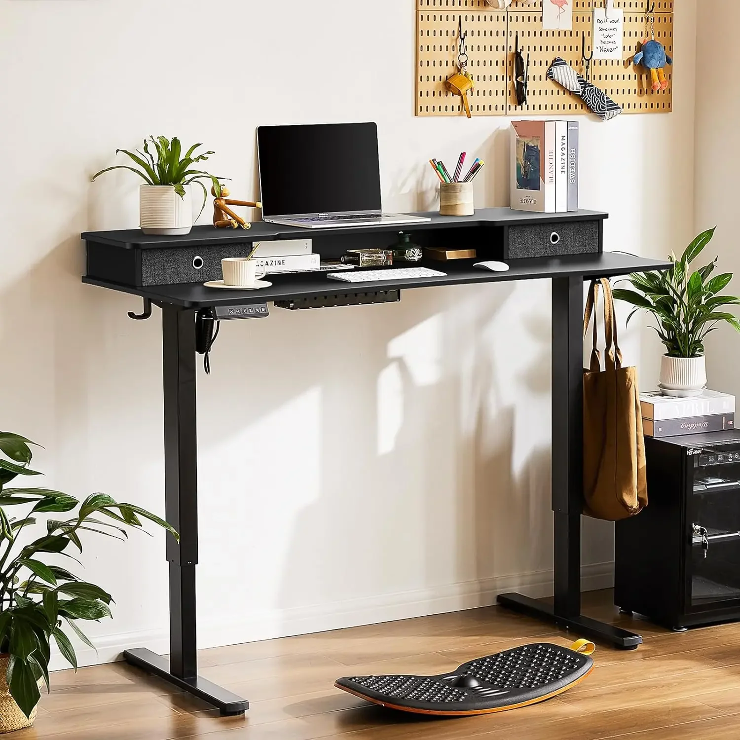 Electric Standing Desk with Double Drawer - 48 x 24 inch Adjustable Height Sit to Stand Up Desk with Storage Shelf