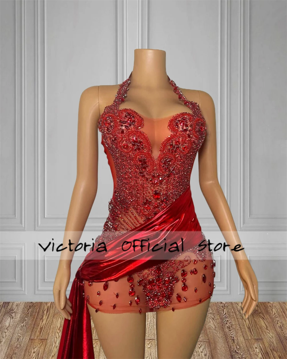 Halter Red Rhinestones Crystals Short Prom Dresses 2024 With Train Homecoming Women Birthday Party Gowns Halter Customized