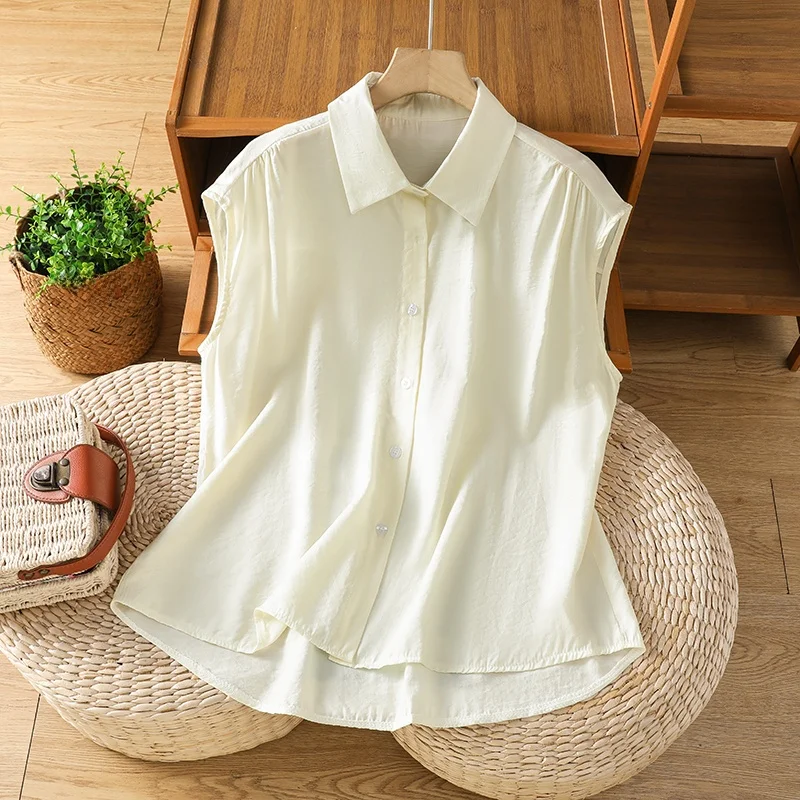 Camisa sin mangas de verano para mujer, estilo simple y de alta gama, antienvejecimiento, de doble gasa, fresca y delgada, pa...