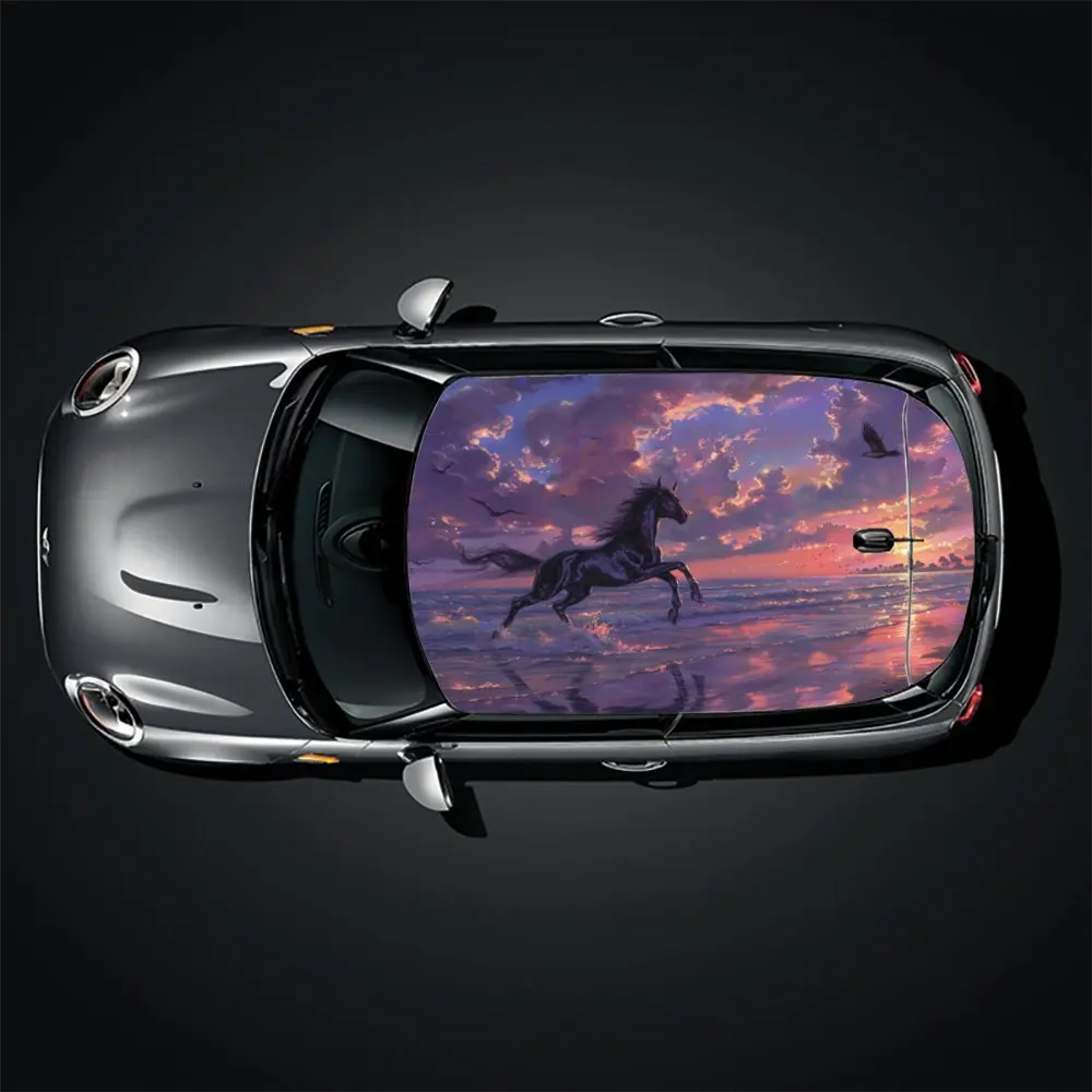 صورة ظلية للحصان الحالم: رسومات ركوبية مروحة مجانية بين أمواج البحر وأغطية فينيل السيارة المتوهجة المسائية، سيارة فينيل #3