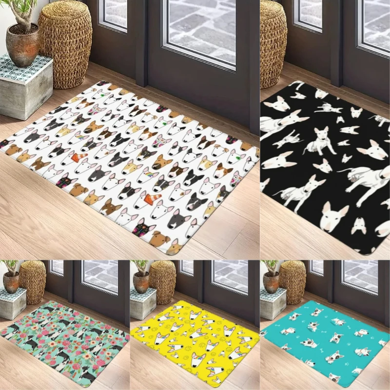 Bull Terrier Multi-color Head Carpet Mat Anti-Slip Rubber Backing Rug for Pet Lover Home Decoration Bone Print Fun Door Mat