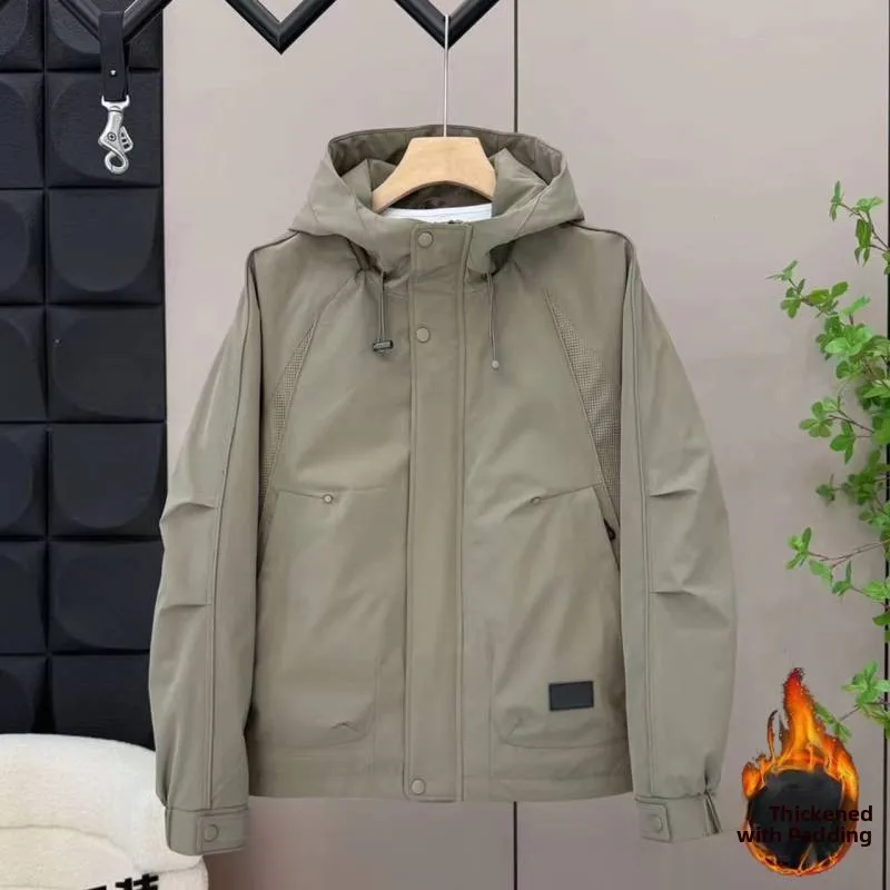 

Men's Thiened Cotton Jaet 2025 New Winter Workwear Hooded Coat Youth Trendy Stand Fit Polyester Fabric Warmth
