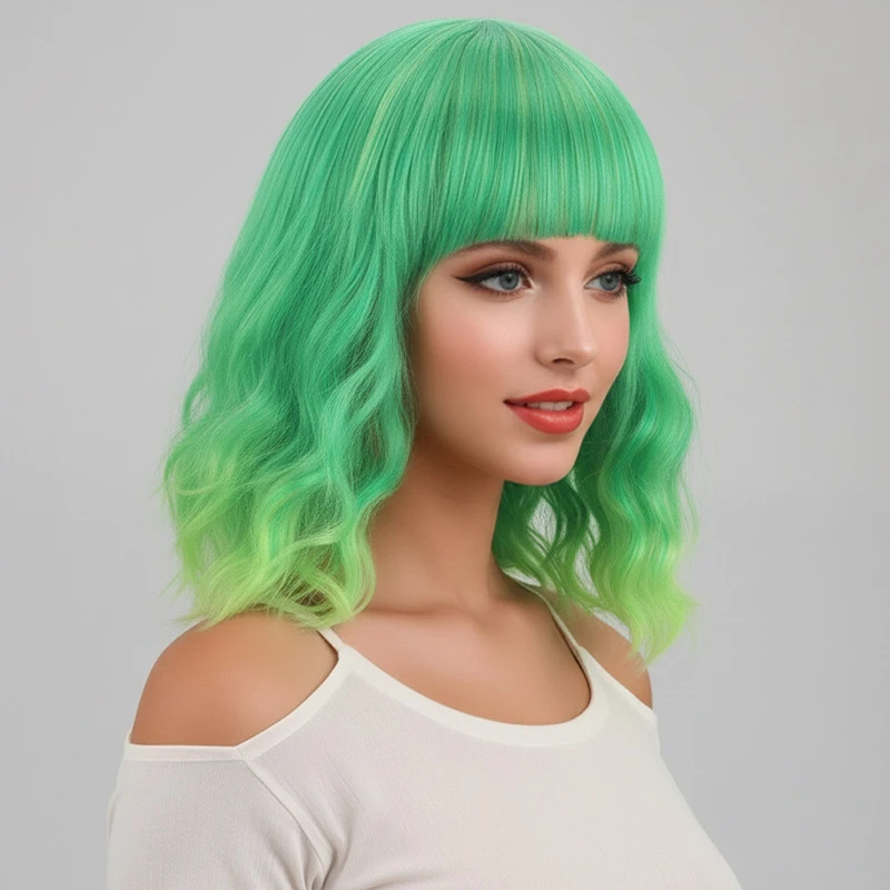 European and American style women's short curly hair wig with gradient green synthetic fiber