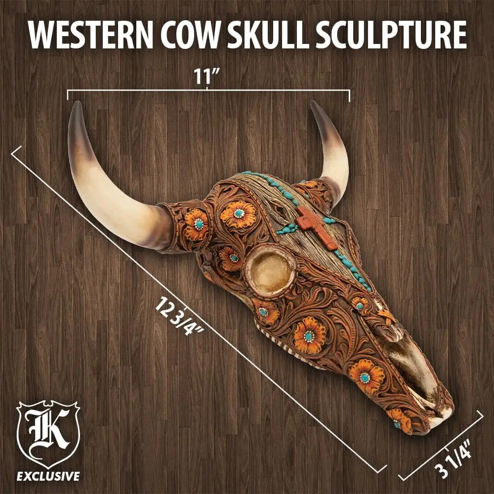 Western Cow Skull Sculpture Wall Decor Featuring a Wooden Cross