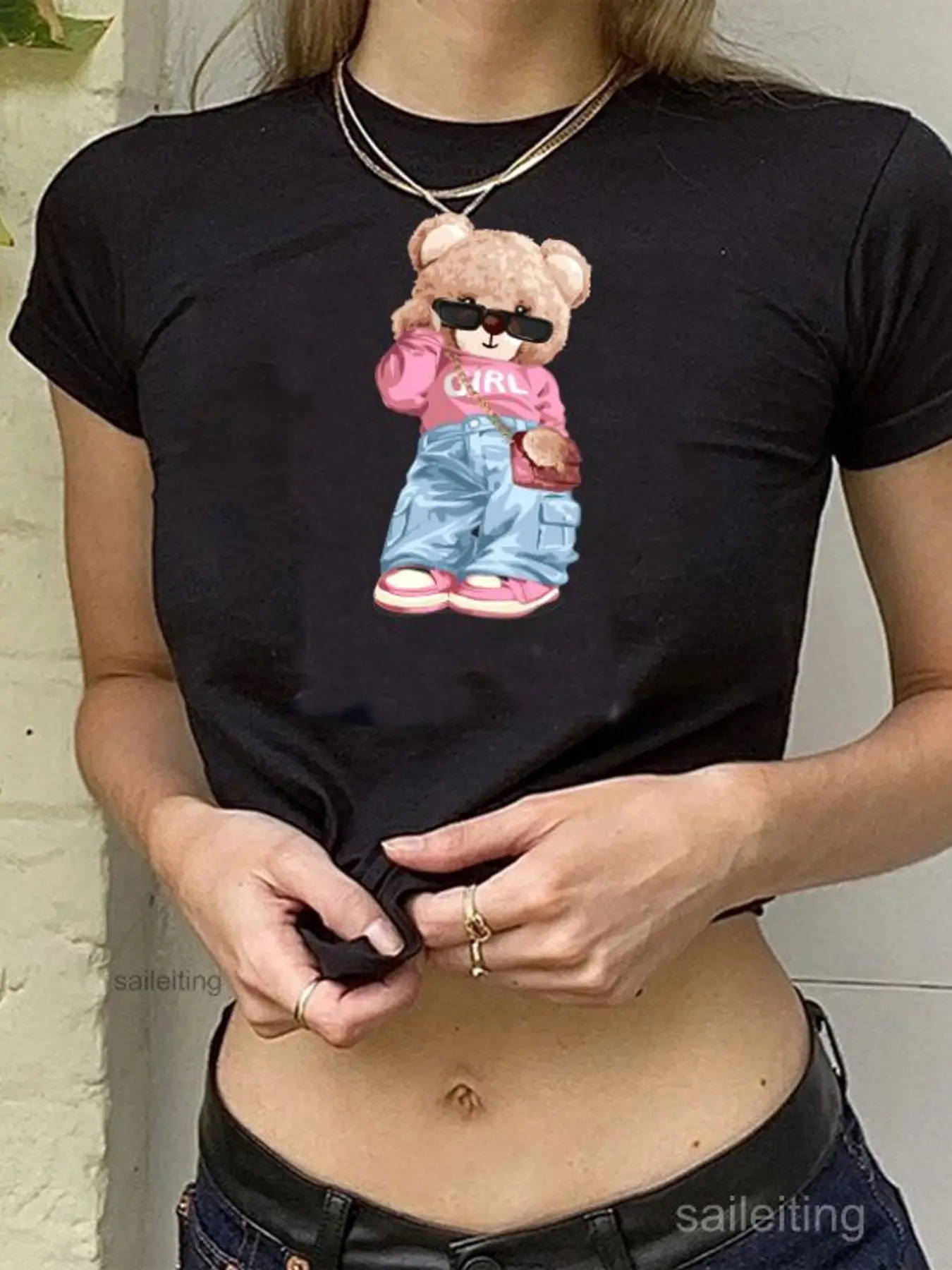 Cute Cartoon Teddy Bear Graphic Crop Top - Streetwear Style Girl Print Short Sleeve Tee, Soft Cotton Summer Casual Top for Wo