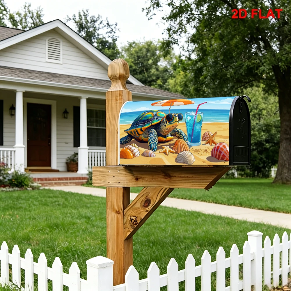 Summer Beach Turtle Mailbox Cover, Umbrella Sunglasses Turtle Shells Drink Print